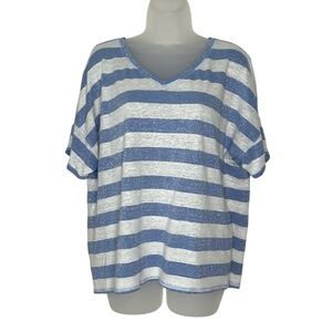 CHICO'S  Women Sz 3 XL White Blue Striped Shine Linen Short Sleeve Tee Top Shirt